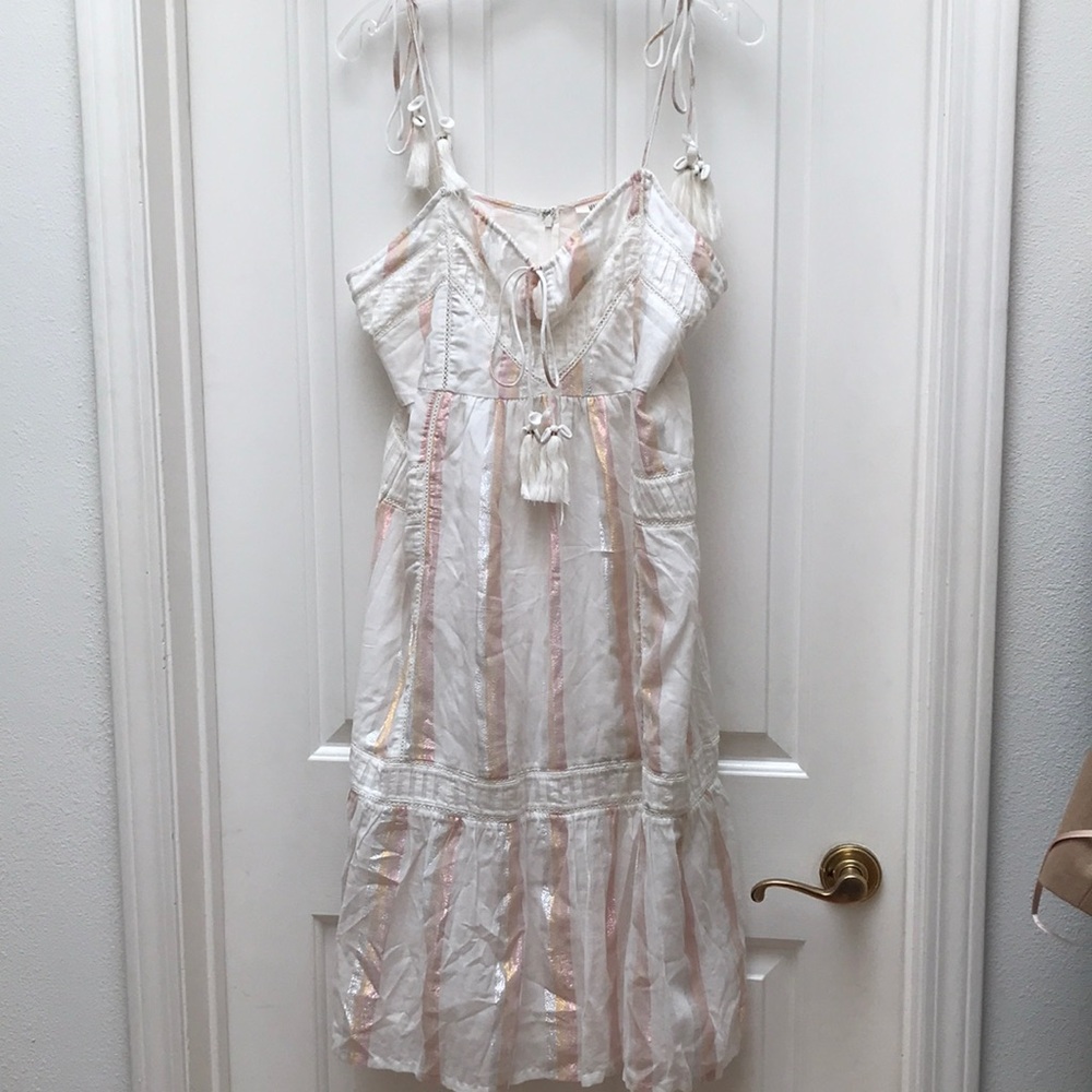 Mahila via Anthropologie White Dress with Metallic Stripes, Tassels & Shells 🐚